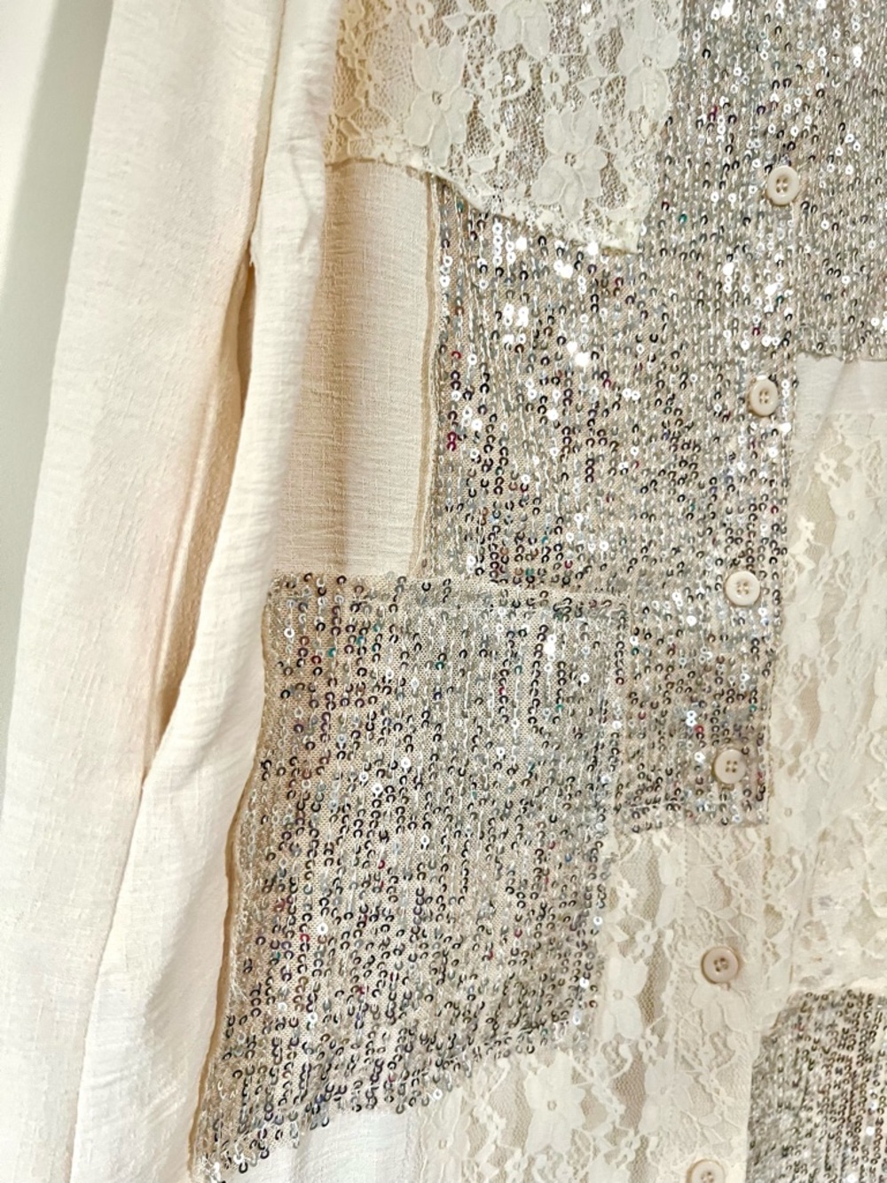 ORIGAMI Cream Sleeveless Sequin & Lace Patchwork Dress/Duster with Side Pockets - Picture 4 of 8